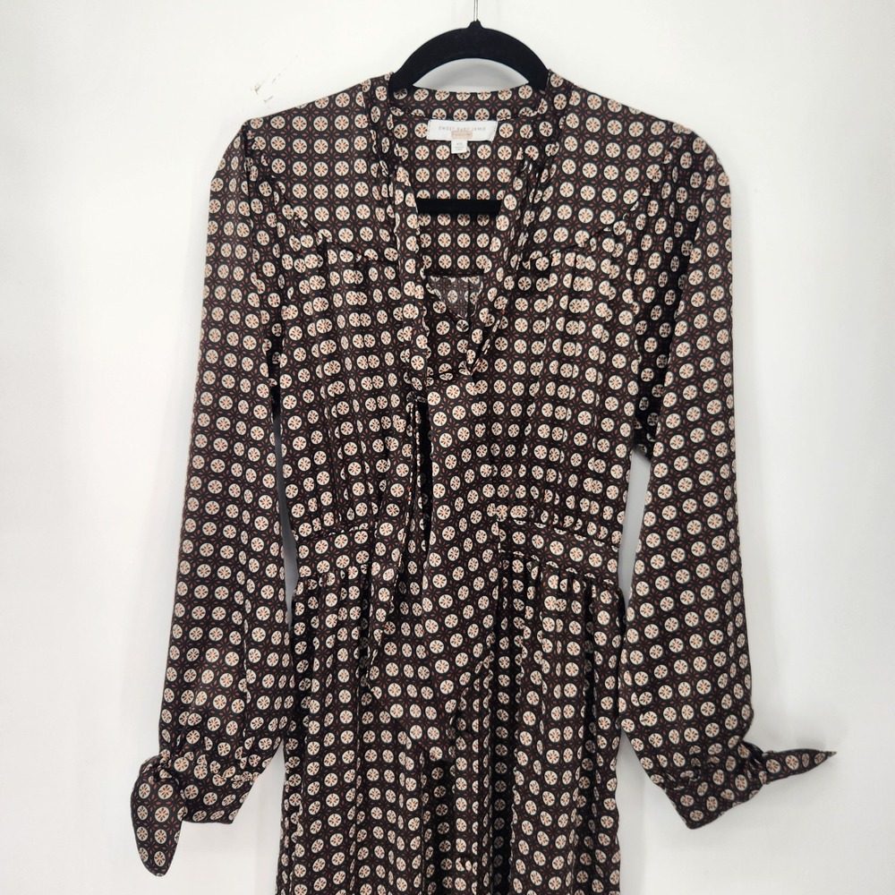 Sweet Baby Jamie Brown Black Geo Midi Dress Dark Academia Professor Tie Neck XS - Picture 9 of 10